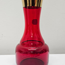 Lovely Bohemian ruby red glass vase with hand painted flowers and a guilt trimmings. It is in good original condition. Please see photos as they form part of the description.