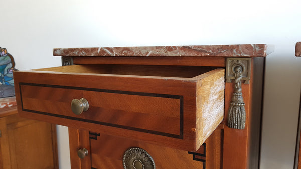 Pair Of French inlaid & Marble Top Bedsides