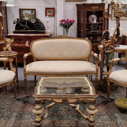 French Louis XVI style salon lounge suite with amazing like new upholstery. In good original condition and with like new fabric upholstery with very little sign of use. Please request more photos if required as they help form part of the description.