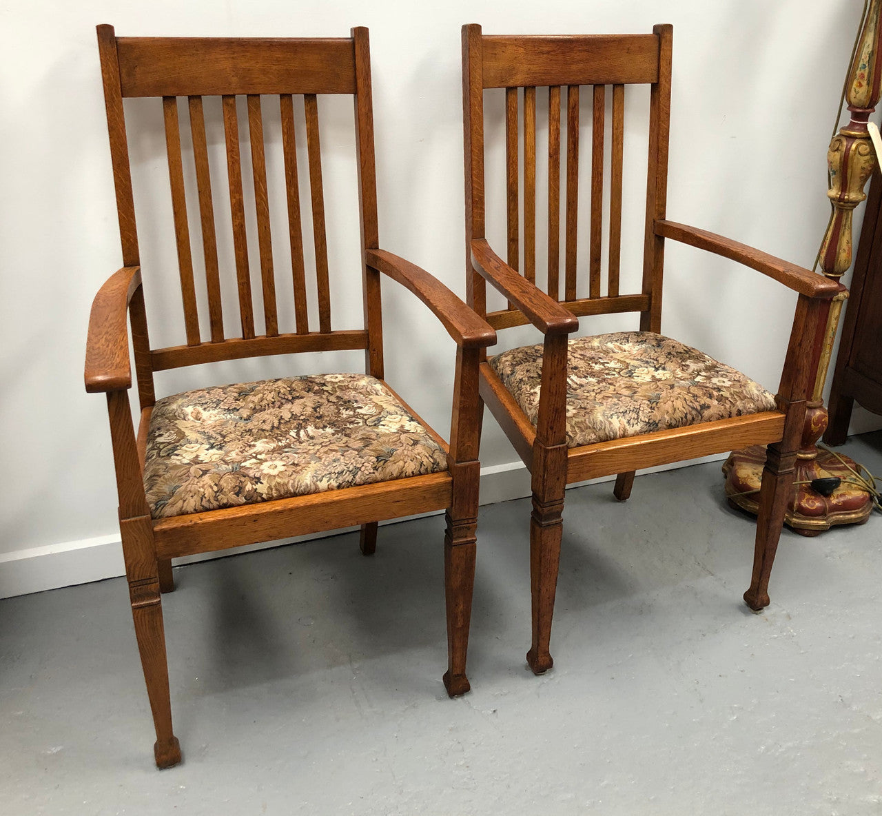 Pair Of Upholstered Arts And Crafts Carver Chairs | Antique & Vintage | Moonee Ponds Antiques | Australia Wide Delivery