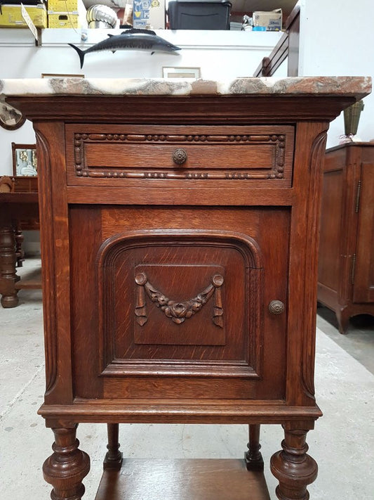 French Oak Marble Top Bedside Cabinet