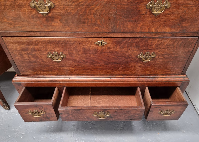 Early 19th Century English Oak chest on stand. It has been sourced in France and has plenty of storage space with eight drawers. In good original detailed condition.