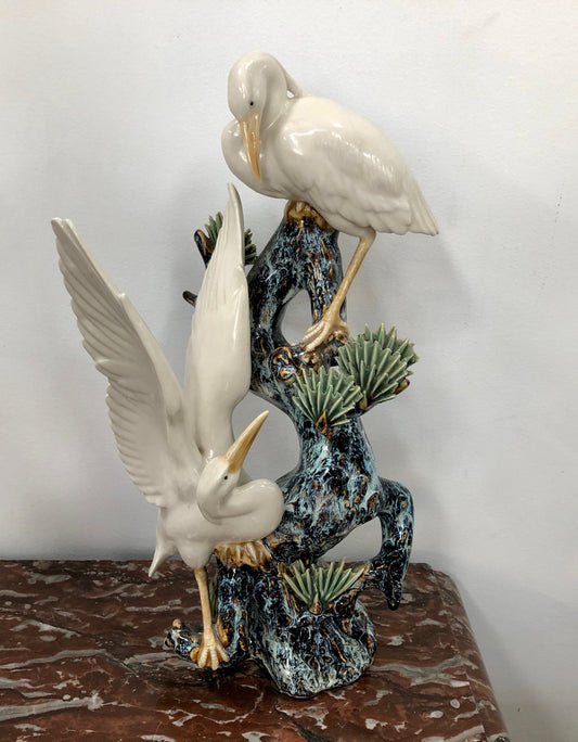 Impressive Chinese Sculpture Of Cranes Standing On Tree