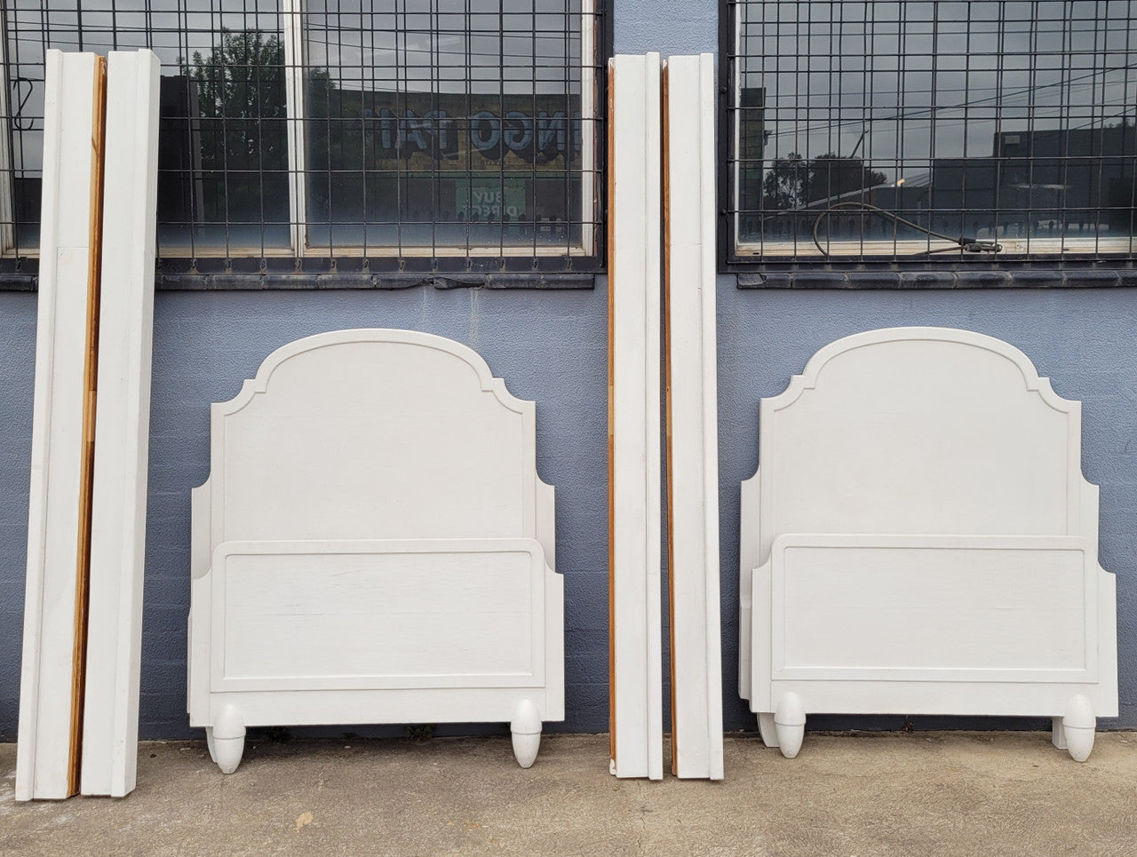 Two attractive vintage French chalk painted king single Art Deco beds. They have been sourced from France and are in good original condition.