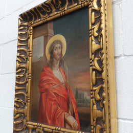 Superbly Painted Oil On Canvas Of Jesus In An Ornate Antique Gilt Decorated Frame.