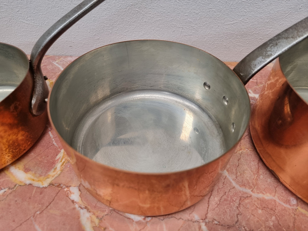 Set of Five Vintage Copper Saucepans with Tin Lining Made In France