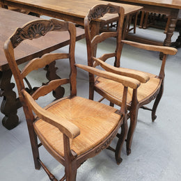 Pair Louis XV Style Oak Rush Seated Carver Chairs