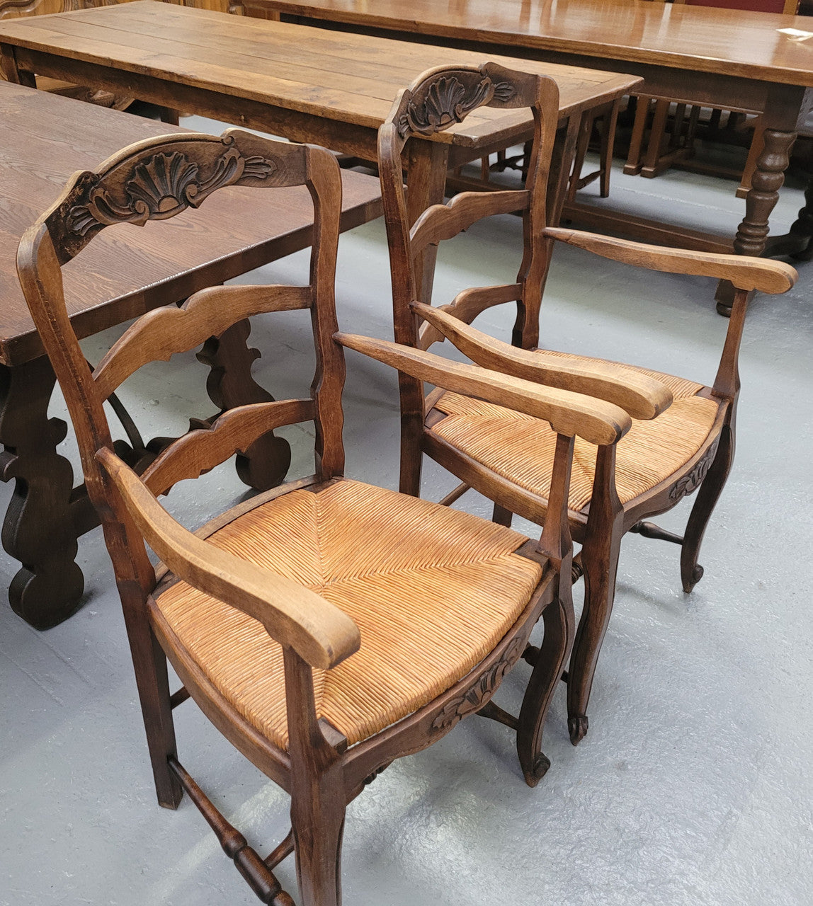 Pair Louis XV Style Oak Rush Seated Carver Chairs