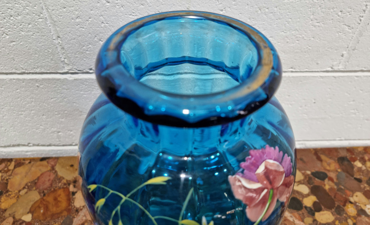 Decorative Victorian Enameled Hand Painted Blue Glass Vase "Bird and Flower Scene" | Antique & Vintage | Moonee Ponds Antiques | Australia Wide Delivery