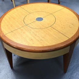 Lovely Vintage round Mahogany and blonde wood coffee table by (Alexander J Cook). It is in good original condition.