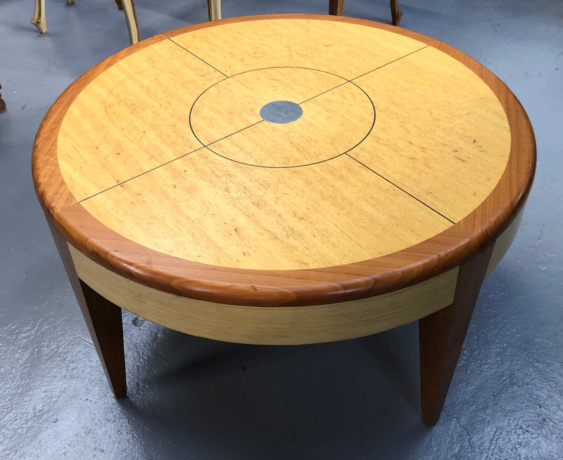 Lovely Vintage round Mahogany and blonde wood coffee table by (Alexander J Cook). It is in good original condition.