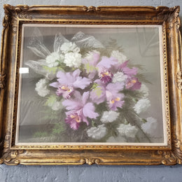 Beautifully framed French pastel painting of Irises, signed by "Gabriel Deschamps". In good original condition.