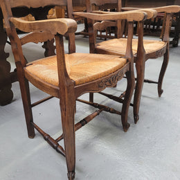 Pair Louis XV Style Oak Rush Seated Carver Chairs