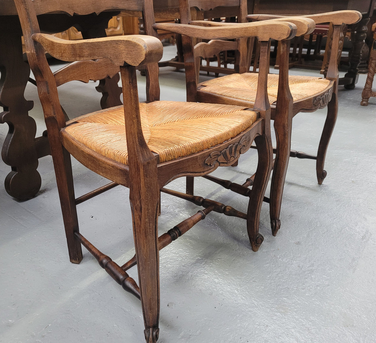 Pair Louis XV Style Oak Rush Seated Carver Chairs