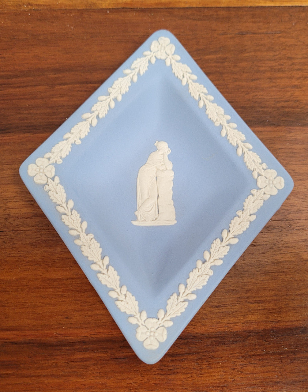 Wedgwood blue and white diamond shaped pin dish. It is in good original condition with no chips or cracks and it has been sourced locally. Please view photos as they help form part of the description.
