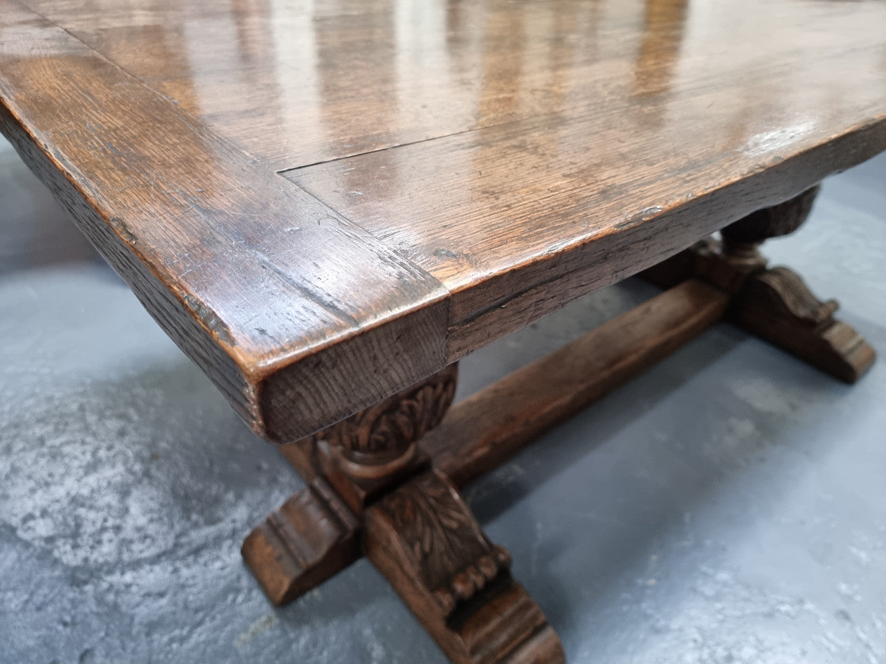 A beautifully carved 19th Century French Oak farmhouse table with a "bulbous base". It is in very good original detailed condition.