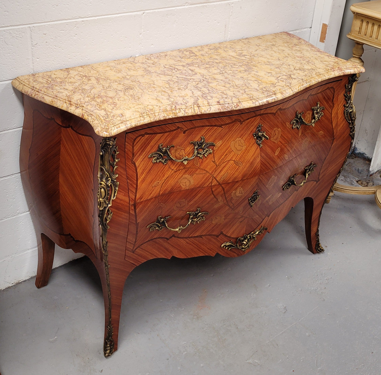 ** ON HOLD** Louis XV Style Two Drawer Marquetry Inlaid Kingwood Marble Top Commode