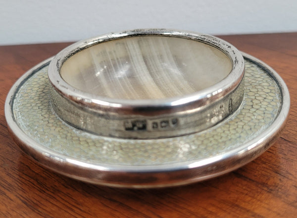 Stunning Mappin and Webb Sterling Silver and Banded Agate and Shagreen Antique pin dish.