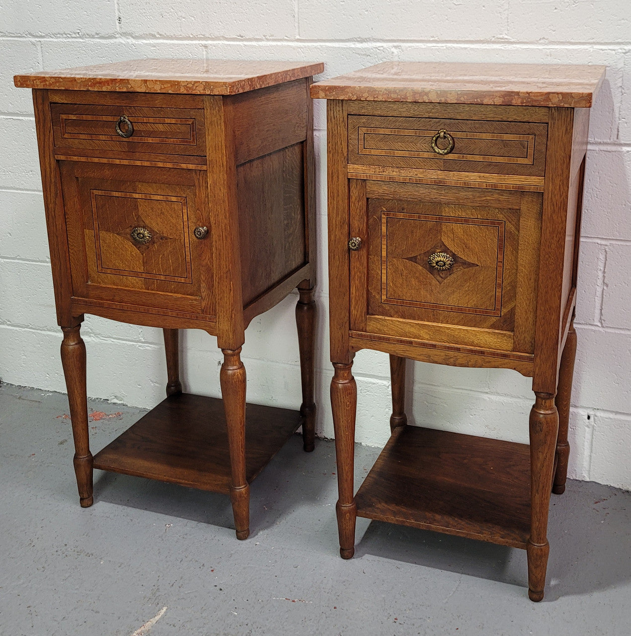 Pair of Louis XVI Style Oak Inlaid Marble Top Bedsides