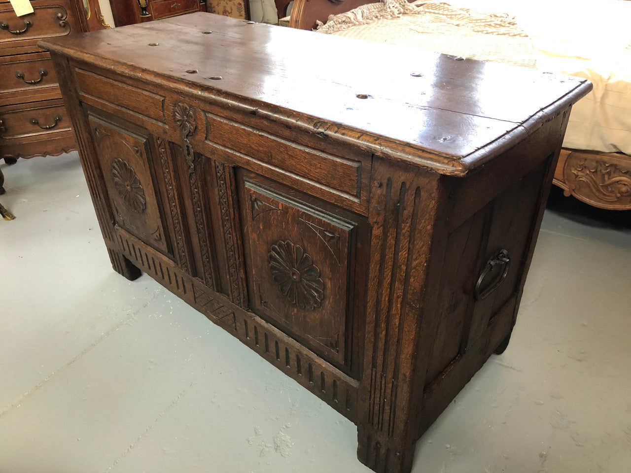 Early 18th century Antique French Oak coffee with beautiful original patina. In good original detailed condition.