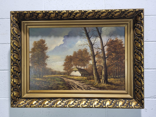 Stunning French oil on canvas painting of a cottage landscape, in great original gilt frame.