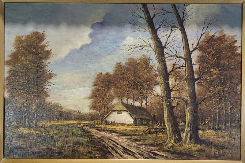 Stunning French oil on canvas painting of a cottage landscape, in great original gilt frame.