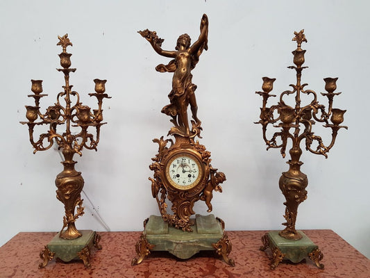 19th Century French Gilt & Onyx Marble Three Piece Clock Set