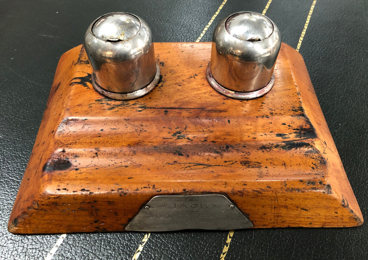 Rustic Cedar & Chrome Dual Ink Well With Plaque | Antique & Vintage | Moonee Ponds Antiques | Australia Wide Delivery
