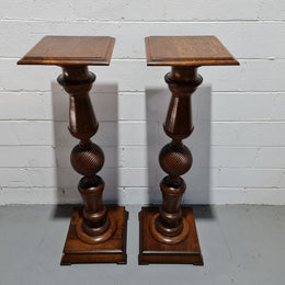 Pair of unique French Oak pedestals, beautifully constructed and turned with decorative carving. Circa 1880. In good original detailed condition.
