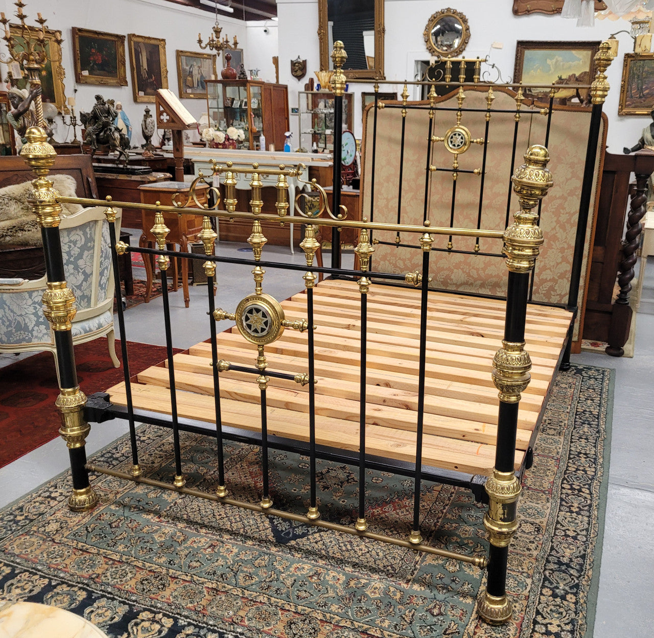 Rare Antique Cast Iron & Brass Queen Size Bed