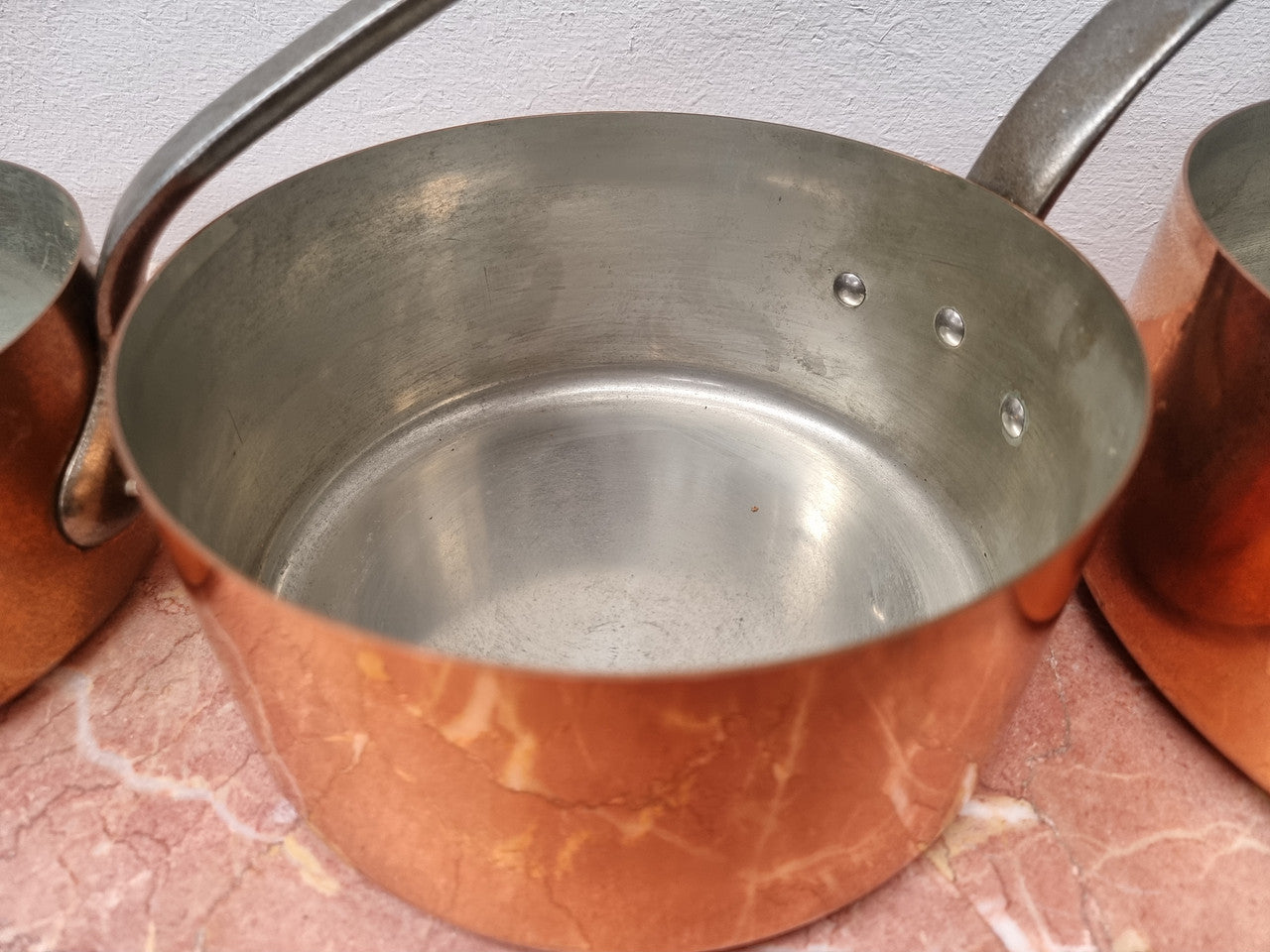 Set of Five Vintage Copper Saucepans with Tin Lining Made In France