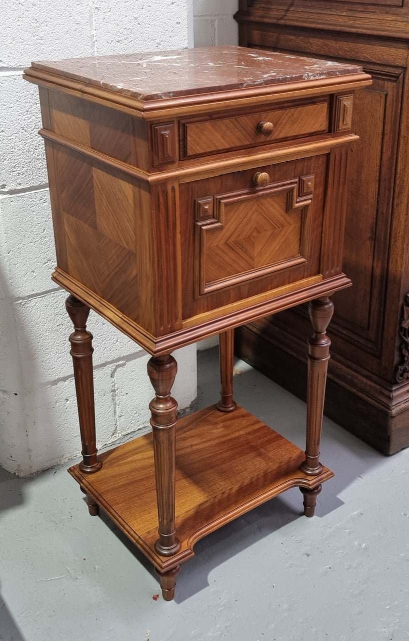 French Walnut Louis XVI Style Single Bedside Cabinet Rouge Marble Top | Antique & Vintage | Moonee Ponds Antiques | Australia Wide Delivery