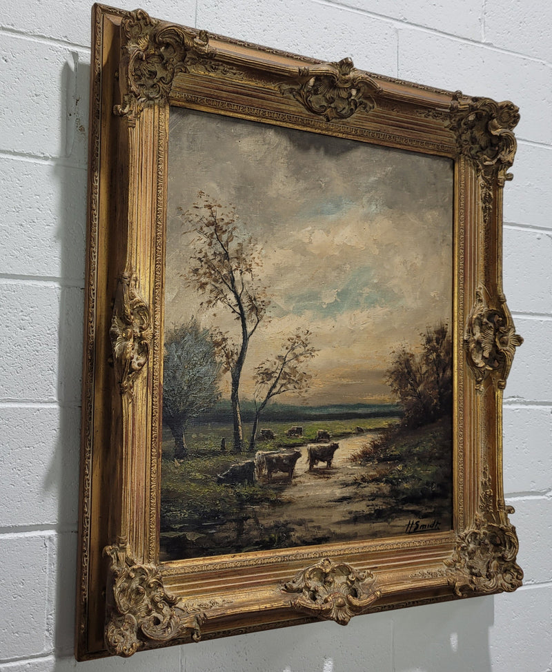 A stunning painting sourced in France signed oil on canvas of "Cows In River Landscape". Framed in a magnificent gilt frame and is in good original detailed condition.