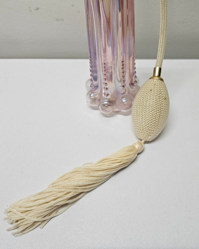 Vintage Fenton, Pink/Purple iridescent perfume bottle, cased glass, beaded base with working atomiser. Clearly marked FENTON on the base with original paper label.