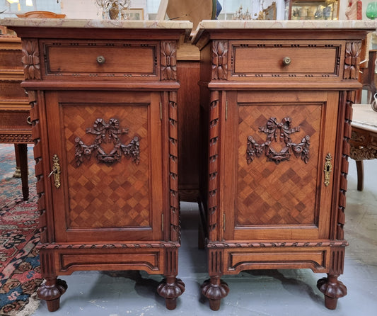 Impressive Pair of Walnut Parquetry Inlaid Henry II Style Marble Top Bedside Cabinets