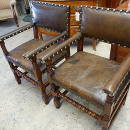 Here we have a fabulous set of six French oak rustic leather dining chairs with two carvers. Chairs are upholstered in brown leather and are very comfortable and solid. Is in very good original condition.