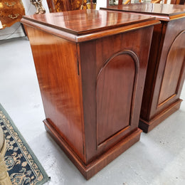 Unique pair of Victorian mahogany bedsides with one fixed shelf. Sourced locally and in good original detailed condition.