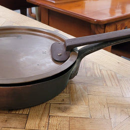 Heavy French 19th century frying pan skillet with lid. It has been sourced from France and is in good original detailed condition.