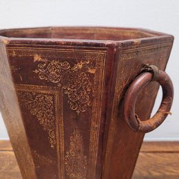 Vintage Italian Tooled Leather Waste Bin