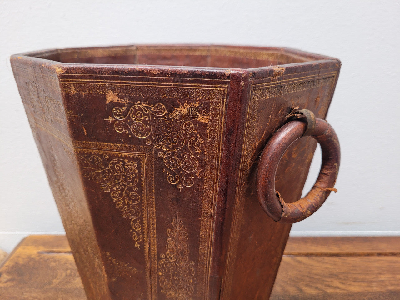 Vintage Italian Tooled Leather Waste Bin