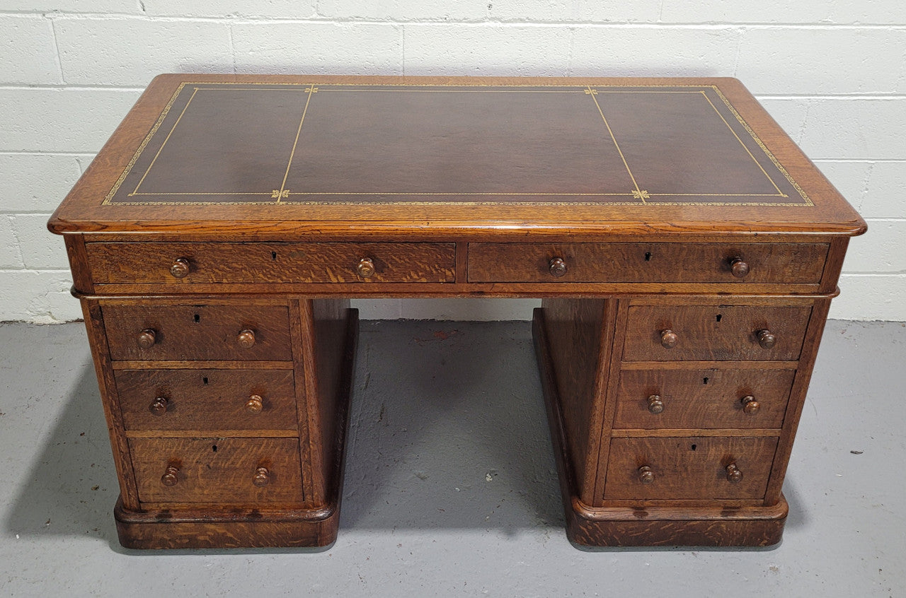 English Oak Double Pedestal Desk Tooled Leather Top | Antique & Vintage | Moonee Ponds Antiques | Australia Wide Delivery