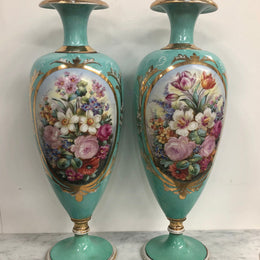 Pair of Antique French Limoges hand painted vases. Marked WG & Co (W Guerin & Co France Limoges) Circa 1900.