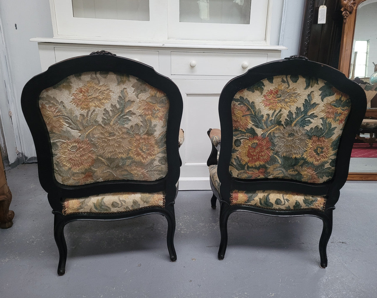 Antique 19th Century Louis XV Style Ebonized Upholstered Armchairs | Antique & Vintage | Moonee Ponds Antiques | Australia Wide Delivery