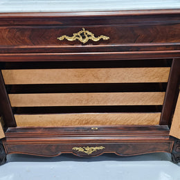 Stunning Rosewood Marble Topped Secretaire with two cupboards. Cupboards open to three fitted drawers and an additional secret drawer beneath the cupboard. All sitting on lovely carved legs and decorated with ormolu mounts. Circa: 1860. In good original detailed condition.