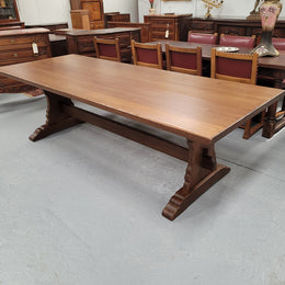 Sensational long French Oak farmhouse table of large proportions on a stretcher base. It has been fully restored with a hard oil water resistant finish. This fabulous table would seat 10 to 12 people.