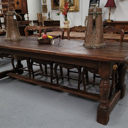 Amazing 2.65 meter French Elm Refectory dining table with loads of rustic charm. This table has been sourced from France and can comfortably seat ten people. It is in good original detailed condition.