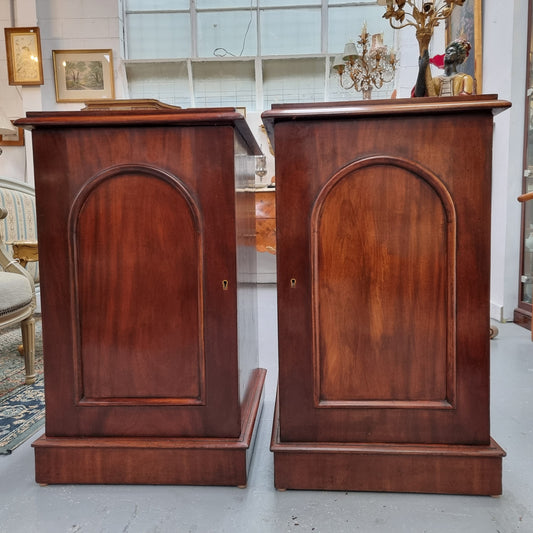 Unique pair of Victorian mahogany bedsides with one fixed shelf. Sourced locally and in good original detailed condition.