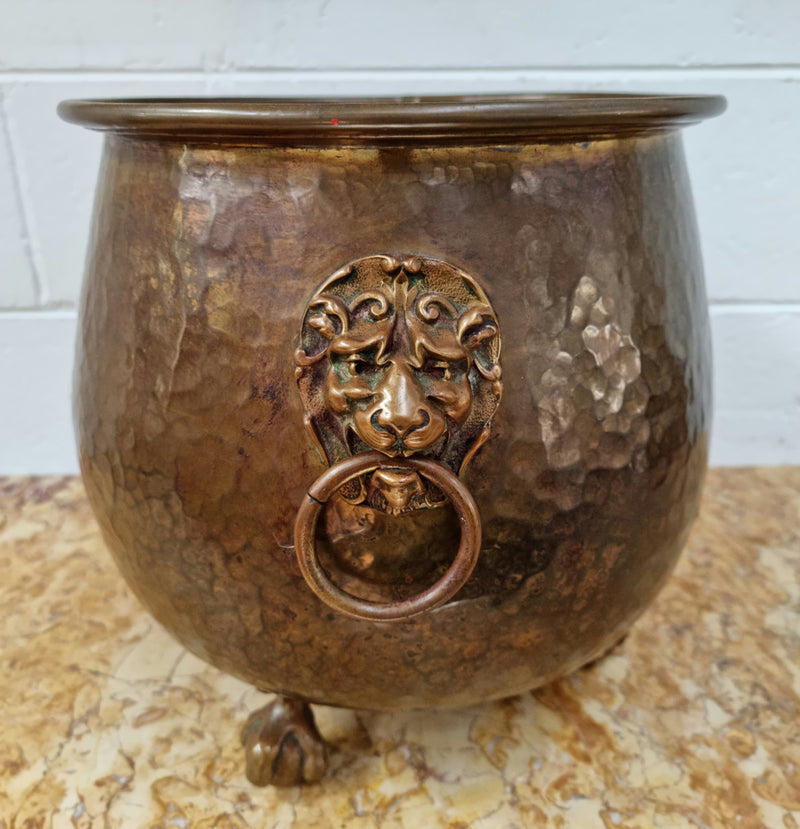Stunning French brass Antique Jardinière with lion heads and on claw feet, in good original condition.