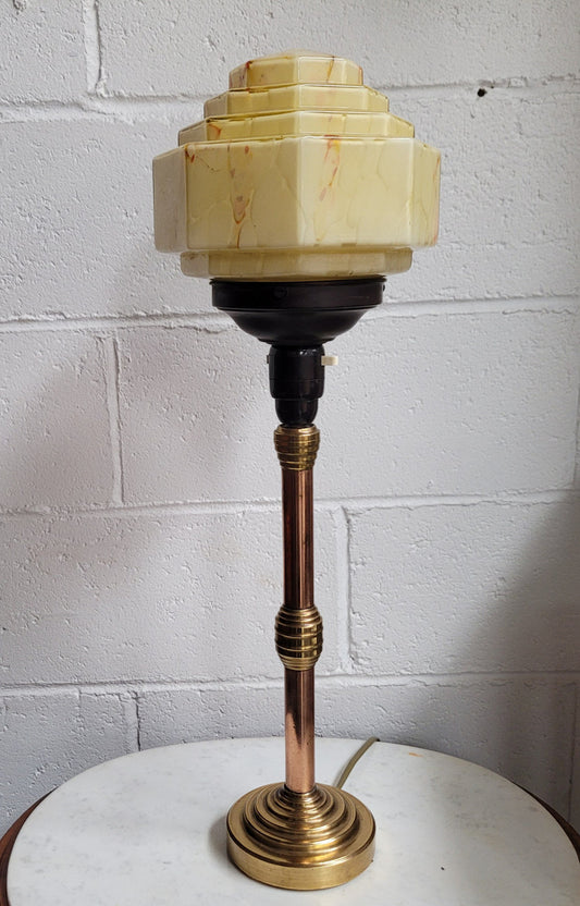 Stunning Art Deco Brass Copper Table Lamp With Beautiful Stepped Glass Shade