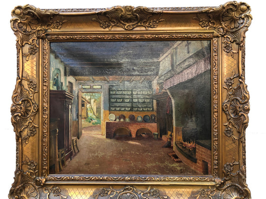 Antique French gilt framed signed oil on canvas of an interior scene in good original condition.